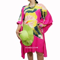 Ladies Beaches Clothes Flower Design Hand Painted Poncho Top Dress Hot Pink Colour 